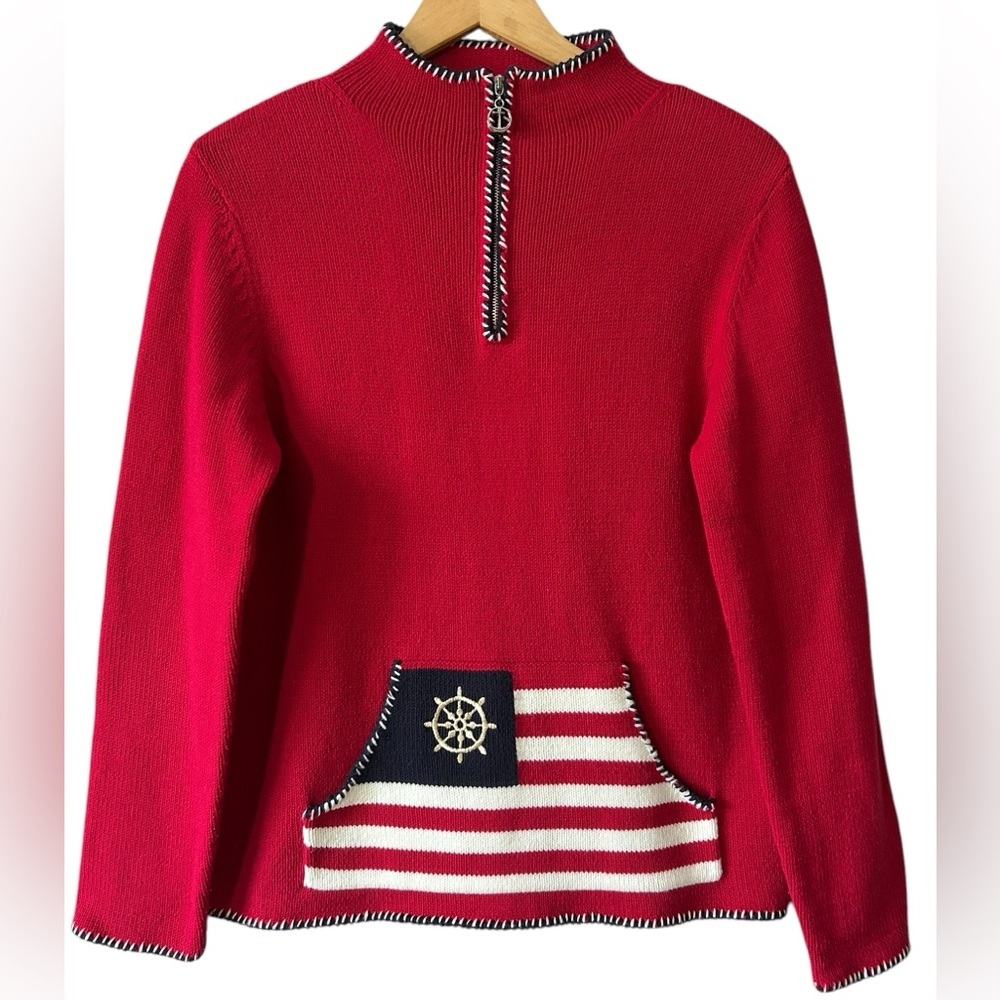Villager Sport Women’s Fisherman Nautical Americana Quarter‎ Zip Flag Sweater M